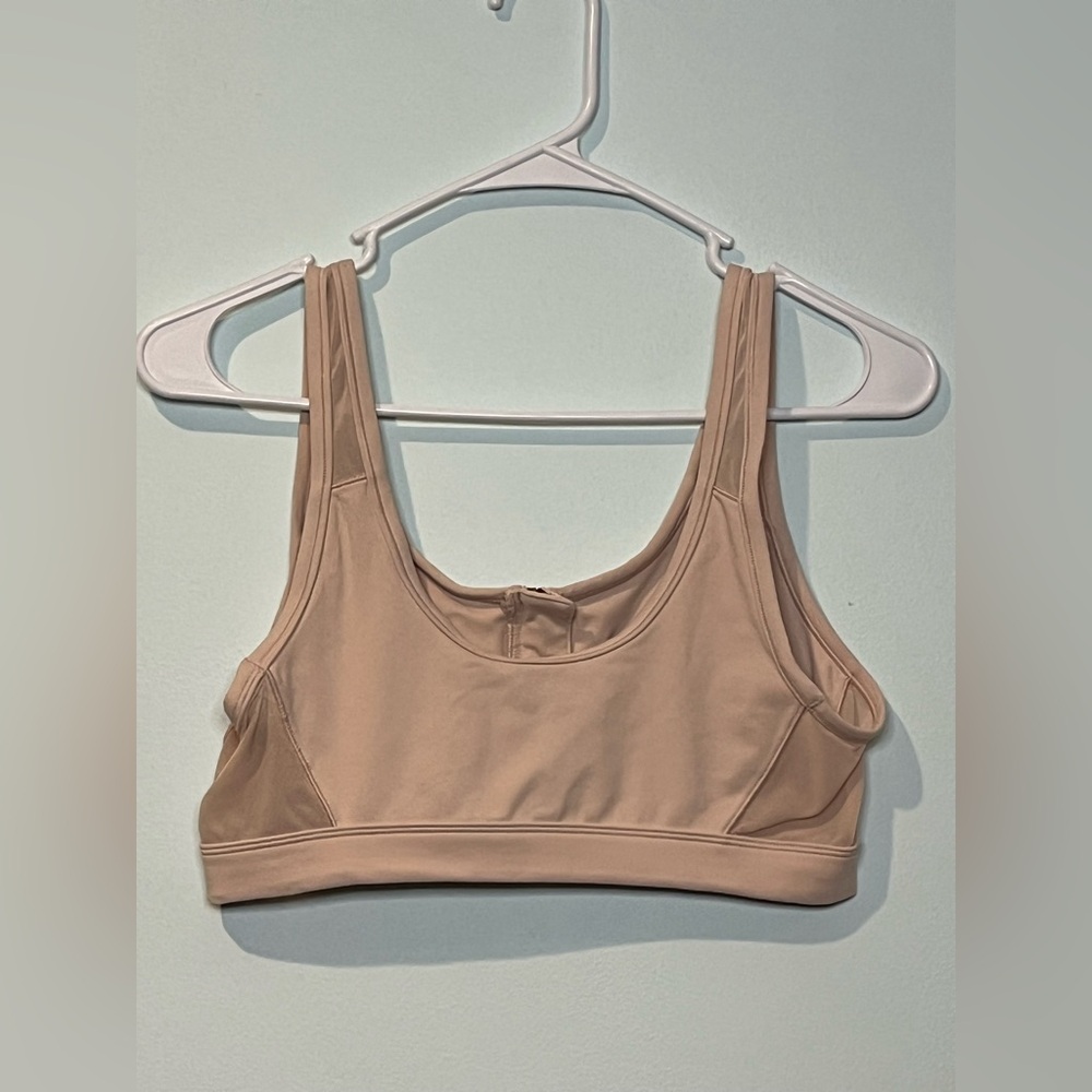 aerie Women’s Chill Play Move Beige Scoop-Neck Zip Up Hook Sports Bra Size Large